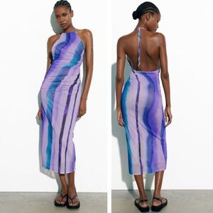ZARA Watercolor Printed Tulle MIDI Halter Dress